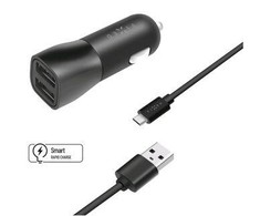 Rinkinys ładowarki samochodowej FIXED su wyjściem 2xUSB i kablem USB/micro USB, 1 metr, 15W Smart Rapid Charge, juoda