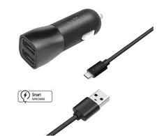 Rinkinys ładowarki samochodowej FIXED su wyjściem 2xUSB i kablem USB/micro USB, 1 metr, 15W Smart Rapid Charge, juoda