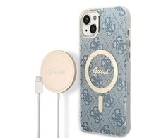 Apple iPhone 14 Plus Guess dėklas 4G Print MagSafe + Belaidis Įkroviklis (GUBPP14SH4EACSW) mėlynos spalvos