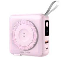„Mobile Origin“ nešiojamoji baterija ir kelioninis įkroviklis, „Lightning“ / USB-C“ laidas, suderinamas su „MagSafe“ / „AW“ / „iPhone“, rožinis