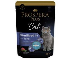 Prospera Plus sterilizuotų kačių ėdalas 1+ maišeliuose su tunu ir žaliosiomis pupelėmis, 85 g