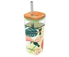 Quokka Liquid Cube - Stiklinis puodelis 540 ml su nerūdijančio plieno šiaudeliais (Tropical Toucans).