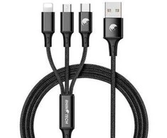 RhinoTech įkrovimo ir duomenų kabelis 3 viename USB-A (MicroUSB + Lightning + USB-C) 1,2 m juodas