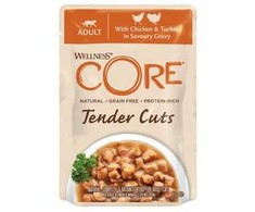 Brit „Core Tender Cuts“, šlapias katėms skirtas ėdalas su vištiena ir kalakutiena padaže, 85 g, pakelis, 8 vnt./EKSPONUOJAMAS