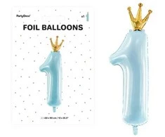 Party Deco Folinis balionas "1" su karūna 90cm melsvas