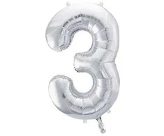 PartyDeco Balionas folinis skaičius 3 sidabrinis 86cm