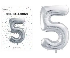 PartyDeco Balionas folinis skaičius 5 sidabrinis 86cm