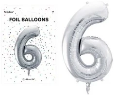 PartyDeco Balionas folinis skaičius 6 sidabrinis 86cm