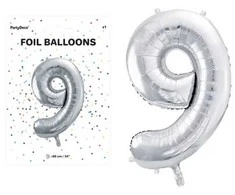 PartyDeco Balionas folinis skaičius 9 sidabrinis 86cm