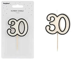 PartyDeco Gimtadienio žvakė numeris 30 5.5cm balta-juoda 79496