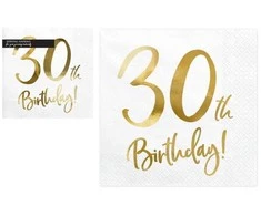 Party Deco Servetėlės 3 sluoksnių "30 gimtadienis" baltos