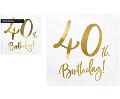 Party Deco Servetėlės 3 sluoksnių "40 gimtadienis" baltos