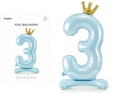 PartyDeco Folinis pastatomas balionas skaičius "3" melsvas 84cm