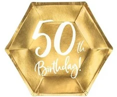 Party Deco Popierinės lėkštutės auksinės "50 gimtadienis" 6vnt