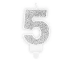 PartyDeco Gimtadienio žvakutė nr 5 sidabrinė blizganti 7cm