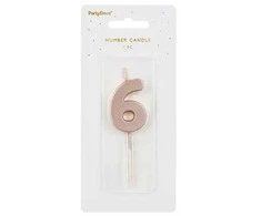 PartyDeco Gimtadienio žvakutė su smeigtuku nr 6 rausvai auksinė 4,5cm