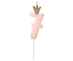 PartyDeco Žvakutė Skaičius su karūna, rausva 9,5cm, Skaičius: 7