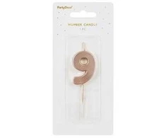 PartyDeco Gimtadienio žvakutė su smeigtuku nr 9 rausvai auksinė 4,5cm