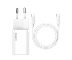 Baseus TZCCSUP-L02 Super Si greitas įkroviklis USB-C 25W + duomenų kabelis USB-C į USB-C 1m, baltas (pažeista pakuotė)