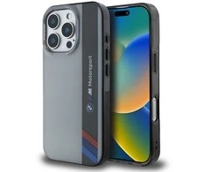 BMW BMHCP16L23HTFEG Apple iPhone 16 Pro 6.3″ pilkas kietas dėklas Motorsport IML Vertical Stripe