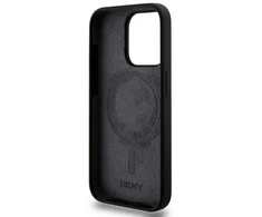 Apple iPhone 15 Pro DKNY dėklas Liquid Silicone Baltas Printed Logo MagSafe (DKHMP15LSNYACH) juodos spalvos