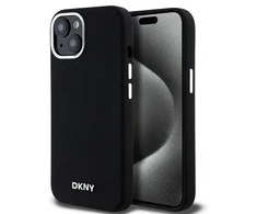 Apple iPhone 13 / 14 / 15 DKNY dėklas Liquid silikoninis Small Metal Logo MagSafe (DKHMP15SSMCHLK) juodos spalvos