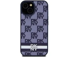 DKNY PU Leather Checkered Pattern and Stripe dėklas telefonui Apple iPhone 15 mėlynos spalvos