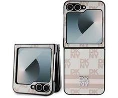 DKNY PU Leather Checkered Pattern and Stripe Samsung Galaxy Z Flip6 dėklas telefonui rožinės spalvos