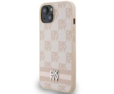 Apple iPhone 13 / 14 / 15 DKNY odinis dėklas Checkered Mono Pattern &amp; Printed Stripes (DKHCP15SPCPTSSP) rožinės spalvos