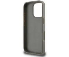Dėklas DKNY PU odos languotų raštų ir juostelių Apple iPhone 16 Pro rusvai gelsvas