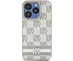 DKNY PU Leather Checkered Pattern and Stripe dėklas telefonui Apple iPhone 14 Pro Max rusvai gelsvas