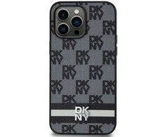 Apple iPhone 15 Pro Max DKNY dėklas odinis Checkered Mono Pattern & Printed Stripes (DKHCP15XPCPTSSK) juodos spalvos