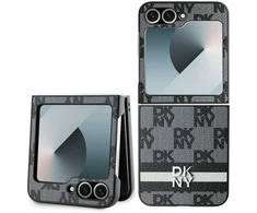 DKNY PU Leather Checkered Pattern and Stripe Samsung Galaxy Z Flip6 dėklas telefonui juodos spalvos