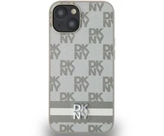 DKNY PU Leather Checkered Pattern and Stripe dėklas telefonui Apple iPhone 15 rusvai gelsvas