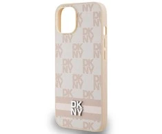 Apple iPhone 13 / 14 / 15 DKNY odinis dėklas Checkered Mono Pattern & Printed Stripes (DKHCP15SPCPTSSP) rožinės spalvos