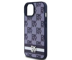 DKNY PU Leather Checkered Pattern and Stripe dėklas telefonui Apple iPhone 15 mėlynos spalvos