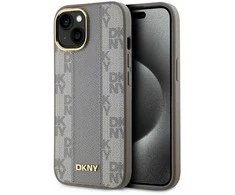DKNY PU Leather Checkered Pattern Magsafe dėklas telefonui Apple iPhone 15 rusvai gelsvas