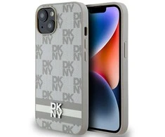 DKNY PU Leather Checkered Pattern and Stripe dėklas telefonui Apple iPhone 14 rusvai gelsvas