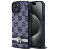DKNY PU Leather Checkered Pattern and Stripe dėklas telefonui Apple iPhone 15 mėlynos spalvos