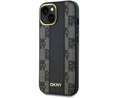 DKNY DKHMP15SPCPVSLK Apple iPhone 15 14 13 6.1″ juodos spalvos kietas dėklas Leather Checkered Mono Pattern MagSafe
