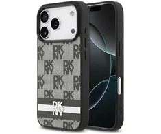 DKNY PU Leather Checkered Pattern and Stripe dėklas skirtas Apple iPhone 17 Pro juodos spalvos