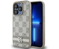 DKNY PU Leather Checkered Pattern and Stripe dėklas telefonui Apple iPhone 13 Pro rusvai gelsvas