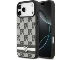 DKNY PU Leather Checkered Pattern and Stripe dėklas skirtas Apple iPhone 17 Pro Max juodos spalvos