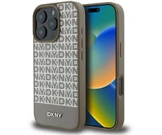 Dėklas DKNY PU odos kartotinio rašto apatinė juostelė MagSafe Apple iPhone 16 Pro Brown