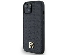 Apple iPhone 13 / 14 / 15 DKNY odinis dėklas Pattern Metal Logo MagSafe (DKHMP15SPSHRPSK) juodos spalvos