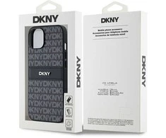 DKNY DKHCP14SPRTHSLK Apple iPhone 14 15 13 6.1″ juodos spalvos kietas dėklas Leather Mono Stripe & Metal Logo