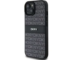 Apple iPhone 13 / 14 / 15 DKNY odinis dėklas Mono Stripe &amp; Metal Logo (DKHCP15SPRTHSLK) juodos spalvos