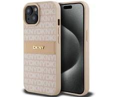 DKNY DKHCP15SPRTHSLP Apple iPhone 15 14 13 6.1 inch rožinės spalvos kietas dėklas Leather Mono Stripe &amp; Metal Logo