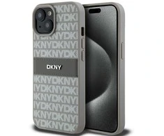 Apple iPhone 13 / 14 / 15 DKNY odinis dėklas Mono Stripe &amp; Metal Logo (DKHCP15SPRTHSLE) beige