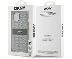 Apple iPhone 13 / 14 / 15 DKNY odinis dėklas Mono Stripe &amp; Metal Logo (DKHCP14SPRTHSLE) beige